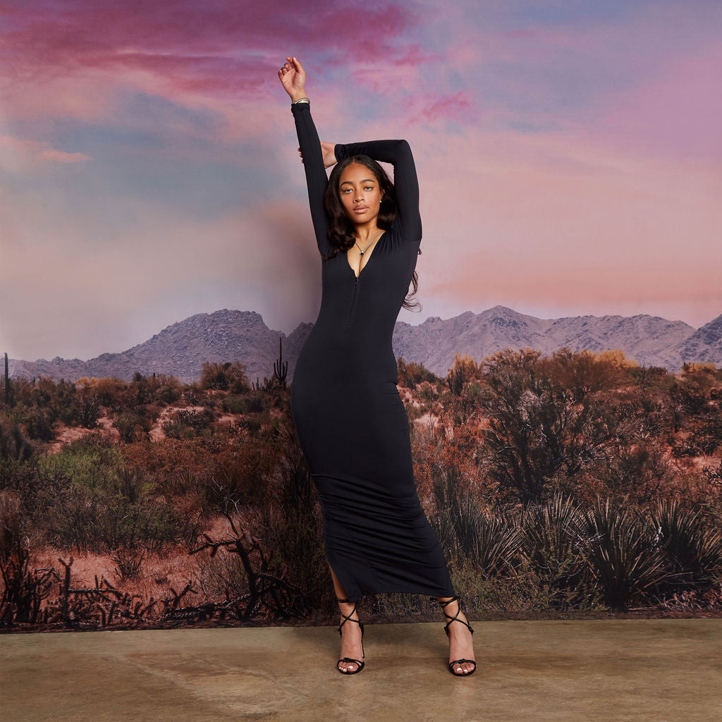 chinese dress ladies Eve Navy Pinstripe Plunge-Neckline Tailored Maxi Dress – Club L London main image 1