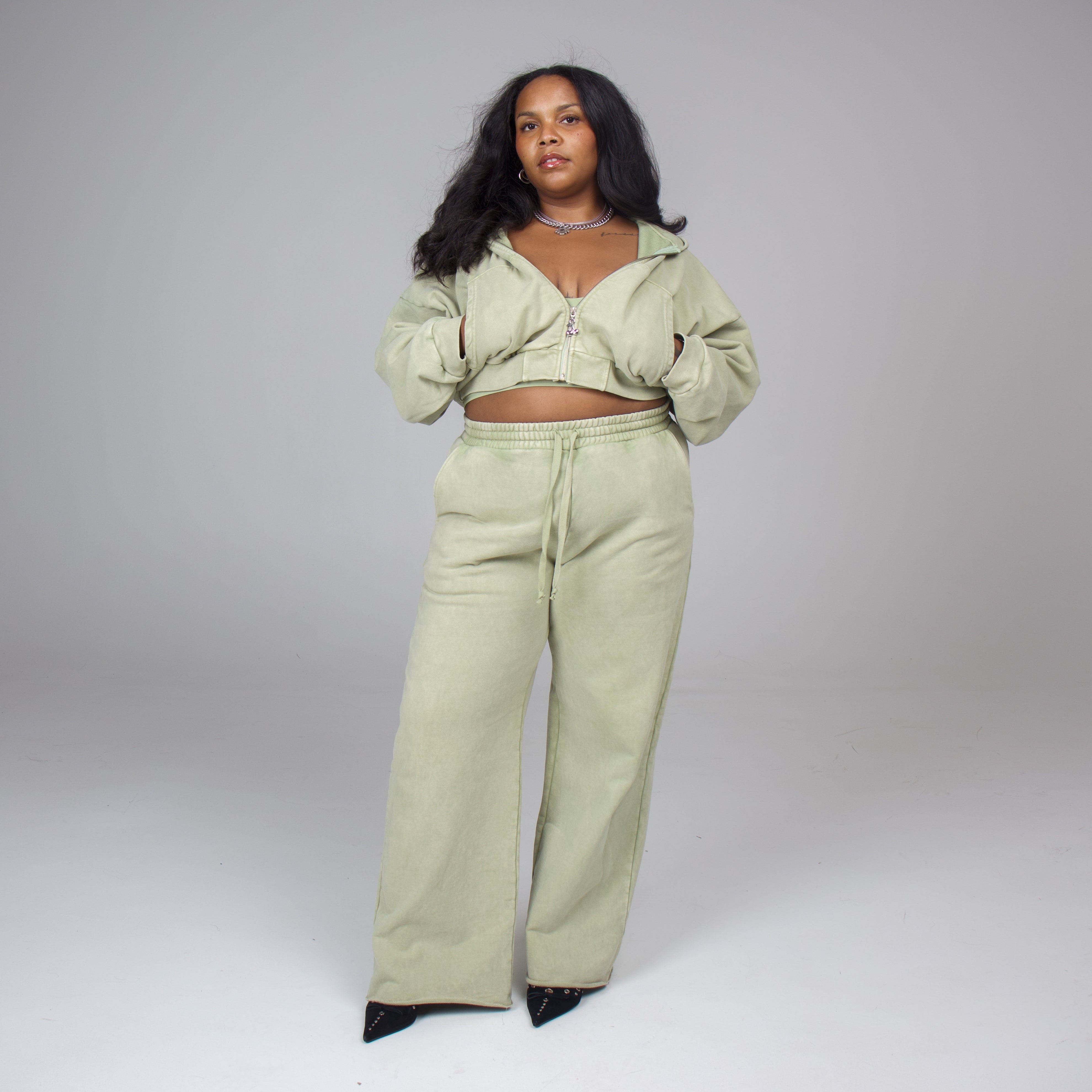 COZY CROP ZIP + FLARE SWEATS BUNDLE PISTACHIO