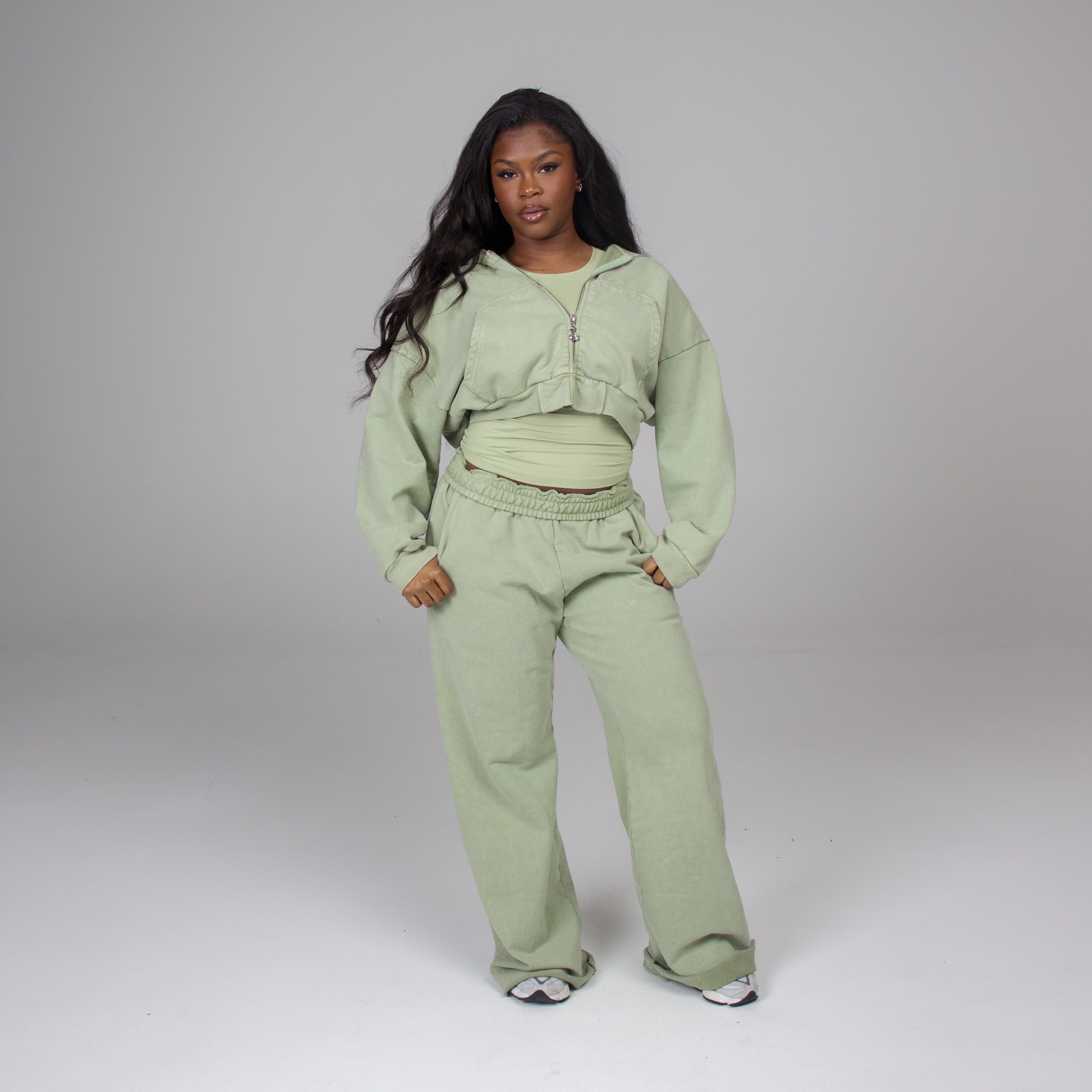 COZY CROP ZIP + FLARE SWEATS BUNDLE PISTACHIO